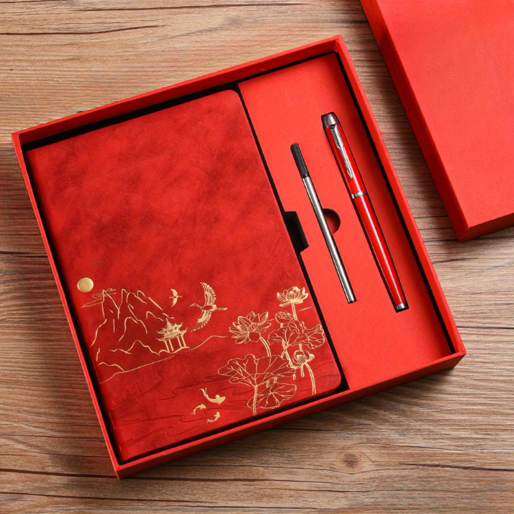 Chinese Landscape Faux Leather Notebook and Pen Set with Embossed Cover