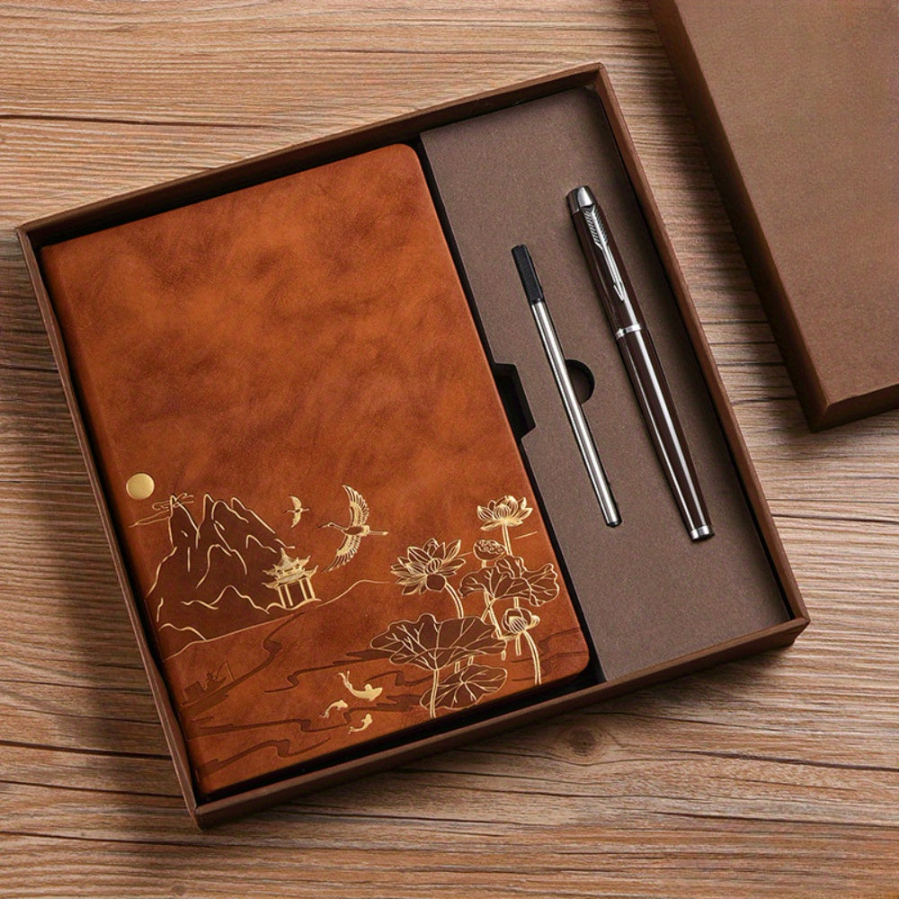 Chinese Landscape Faux Leather Notebook and Pen Set with Embossed Cover