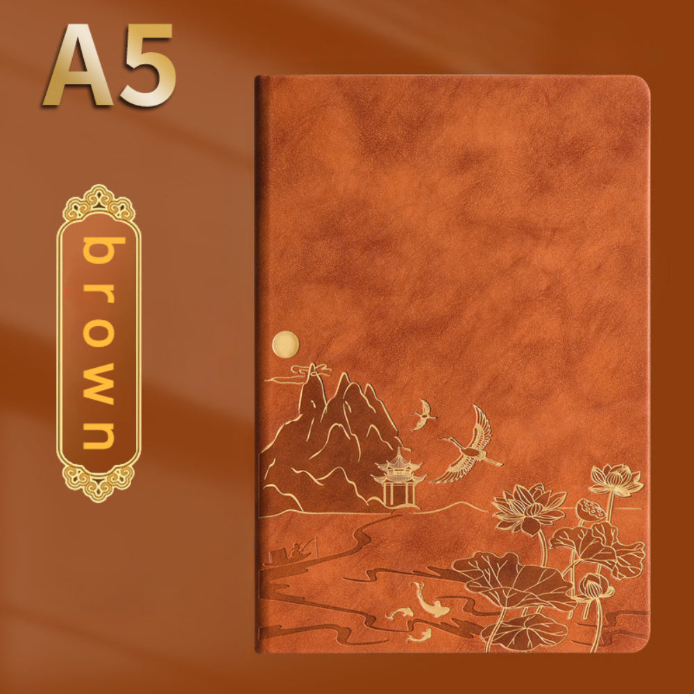 Set de cuadernos de cuero sintético con paisaje chino, diseño en relieve y bolígrafo