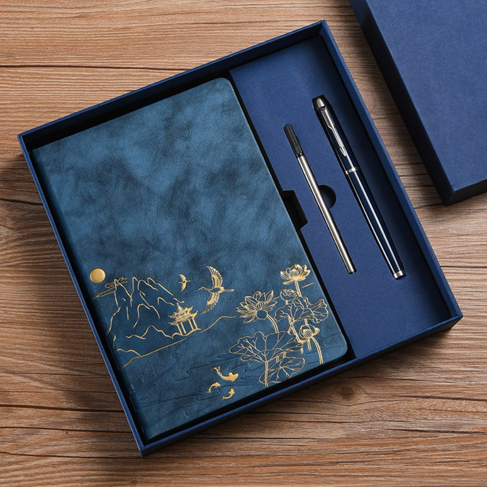 Chinese Landscape Faux Leather Notebook and Pen Set with Embossed Cover