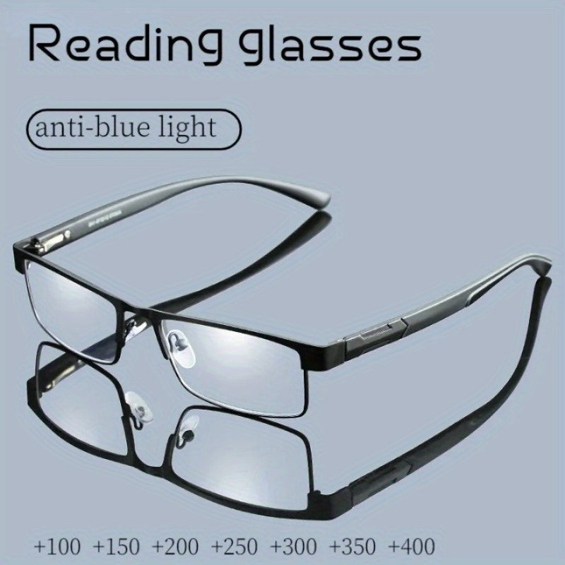 Men's Titanium Alloy Reading Glasses Square Frame Anti-Blue Light +1.0 to +4.0 Presbyopic