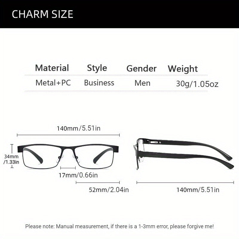 Men's Titanium Alloy Reading Glasses Square Frame Anti-Blue Light +1.0 to +4.0 Presbyopic