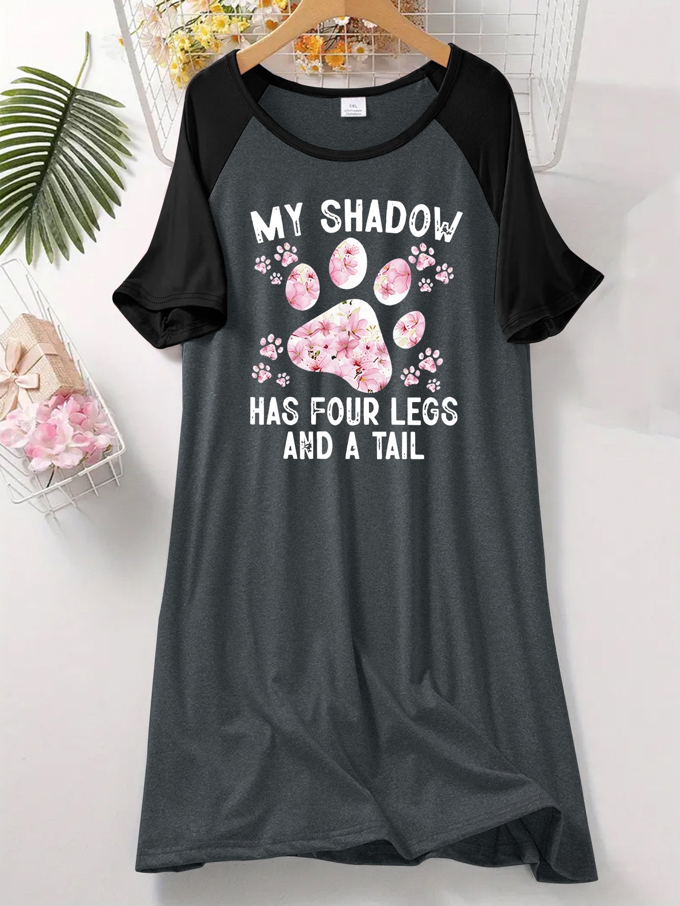 Women's Heather Gray Short Sleeve Sleep Dress with Dog Paw Print Nightgown