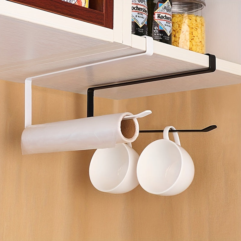 Wall-Mounted Iron Kitchen Paper Towel Holder with Hooks White and Black