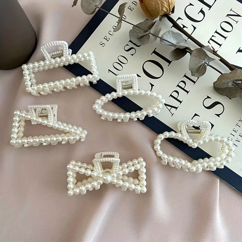 Set of 6 Vintage French Style Hair Clips with Hollow Design and Imitation Pearl Details