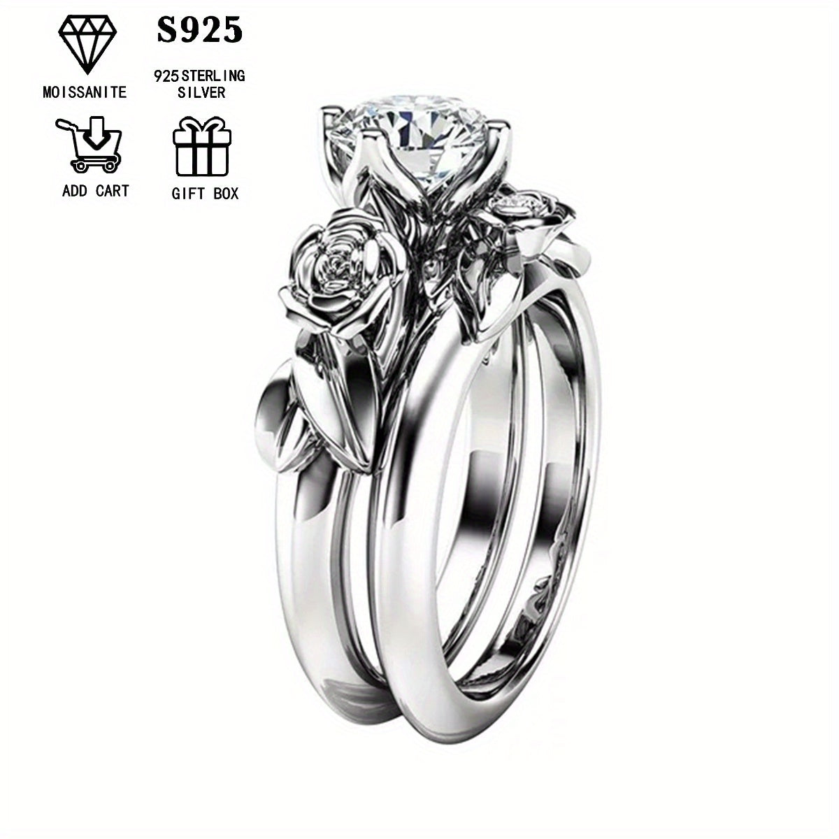 Moissanite Rose Flower Stacking Rings 1ct 0.5ct Sterling Silver Gift Box