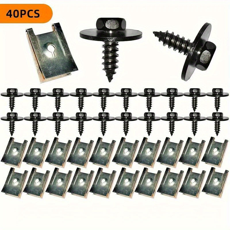 40-Pack Metal U-Nut Clip and Screw Set for Automotive Bumper Guard