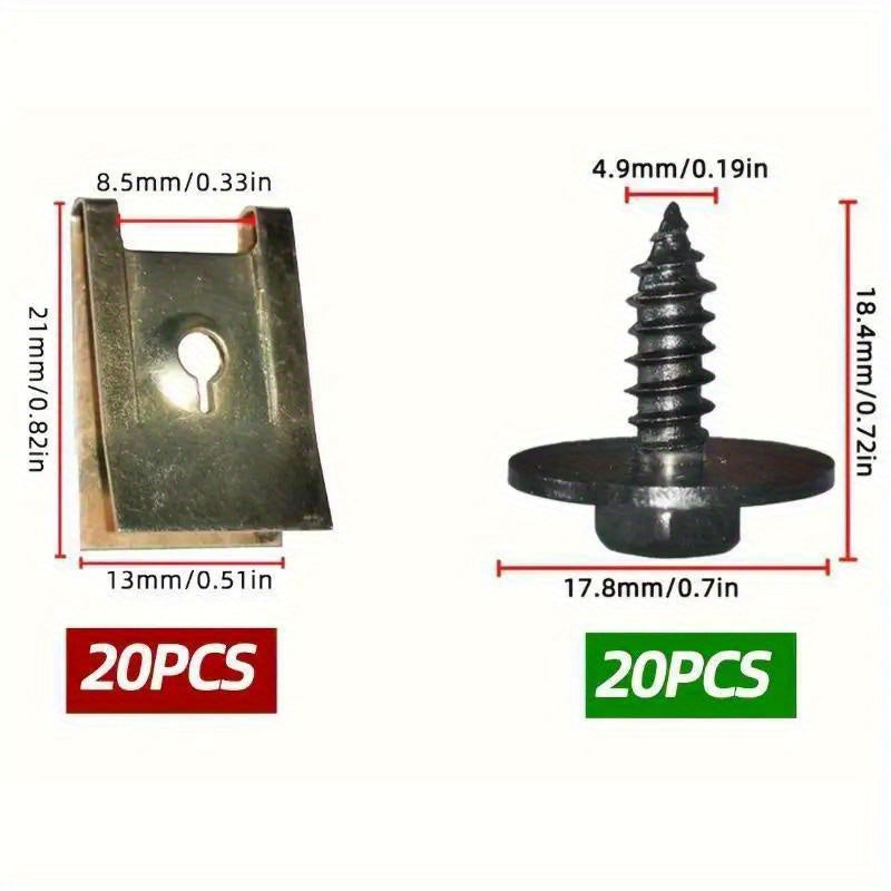 40-Pack Metal U-Nut Clip and Screw Set for Automotive Bumper Guard