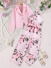 Girls' Floral Jumpsuit and Blazer Set for Spring and Fall Kids Clothing