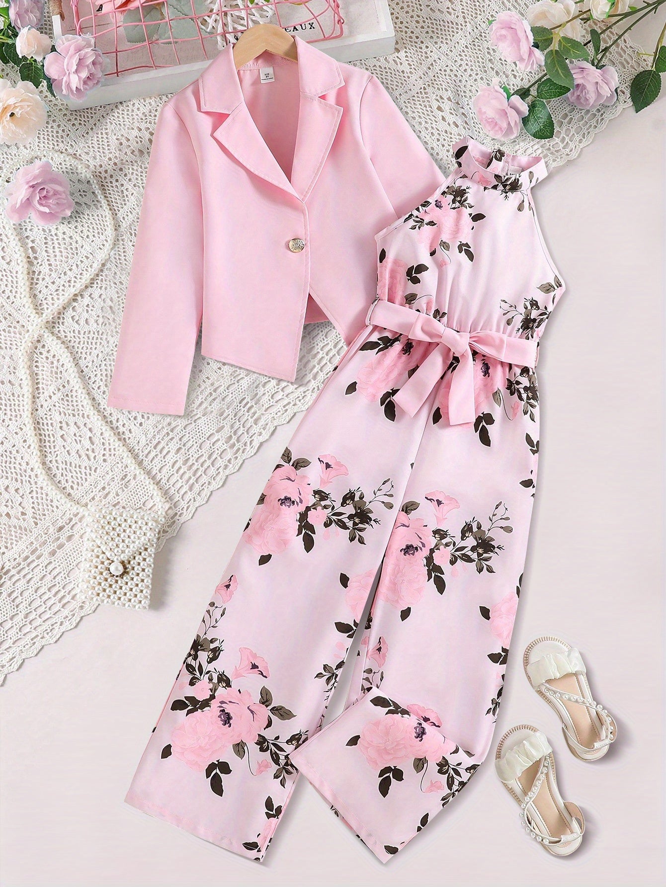 Girls' Floral Jumpsuit and Blazer Set for Spring and Fall Kids Clothing