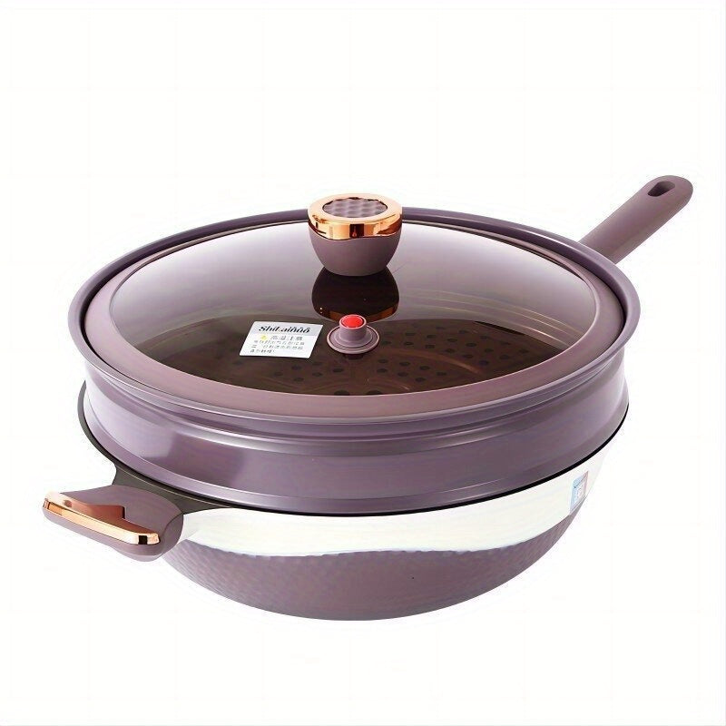 Wok de aluminio con doble color de 32cm, antiadherente, con tapa de vapor y olla de micro-presión