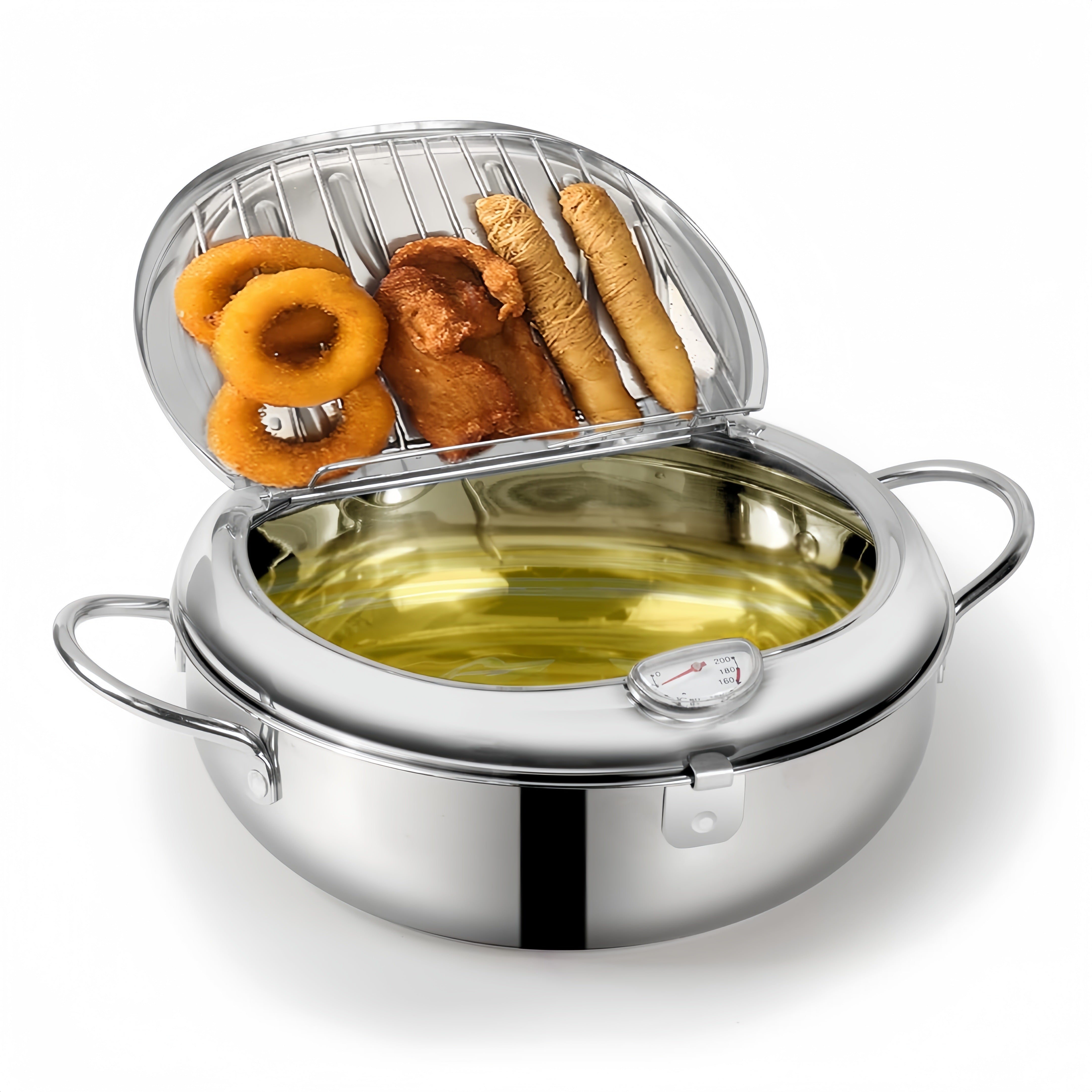 Stainless Steel Deep Fryer with Lid and Oil Drainage Rack for French Fries and Chicken