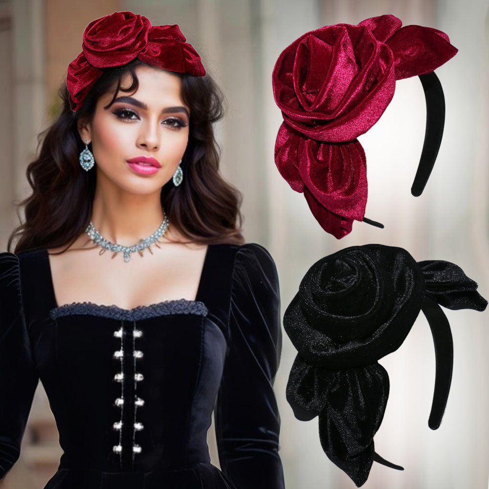Vintage Velvet Flower Hair Band for Women with Leaf Design Elegant Hair Accessory for Parties and Gifts