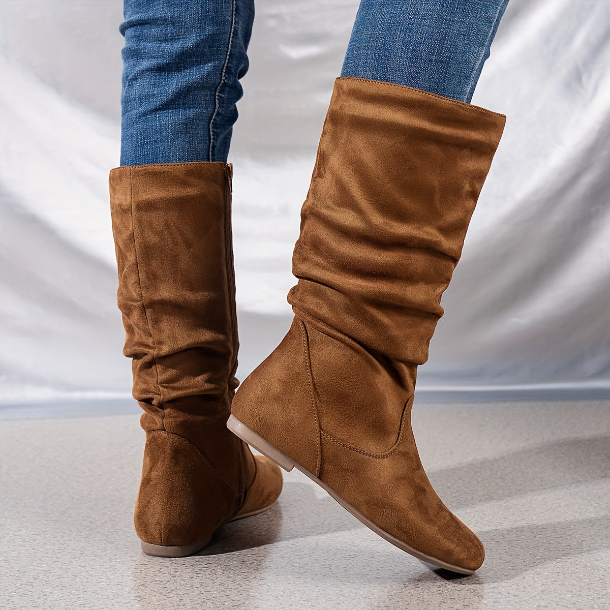 Women's Solid Color Casual Flat Mid Calf Boots with Side Zipper