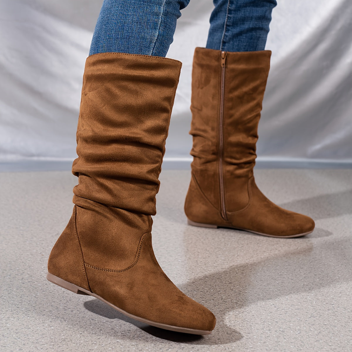 Women's Solid Color Casual Flat Mid Calf Boots with Side Zipper
