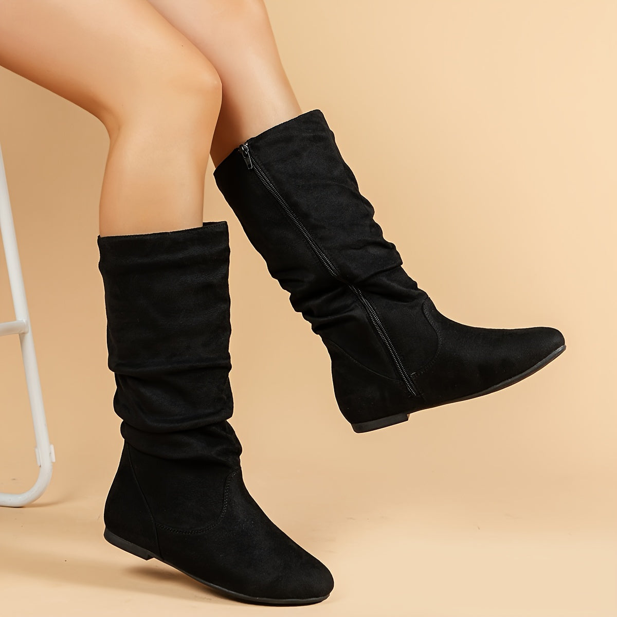 Women's Solid Color Casual Flat Mid Calf Boots with Side Zipper