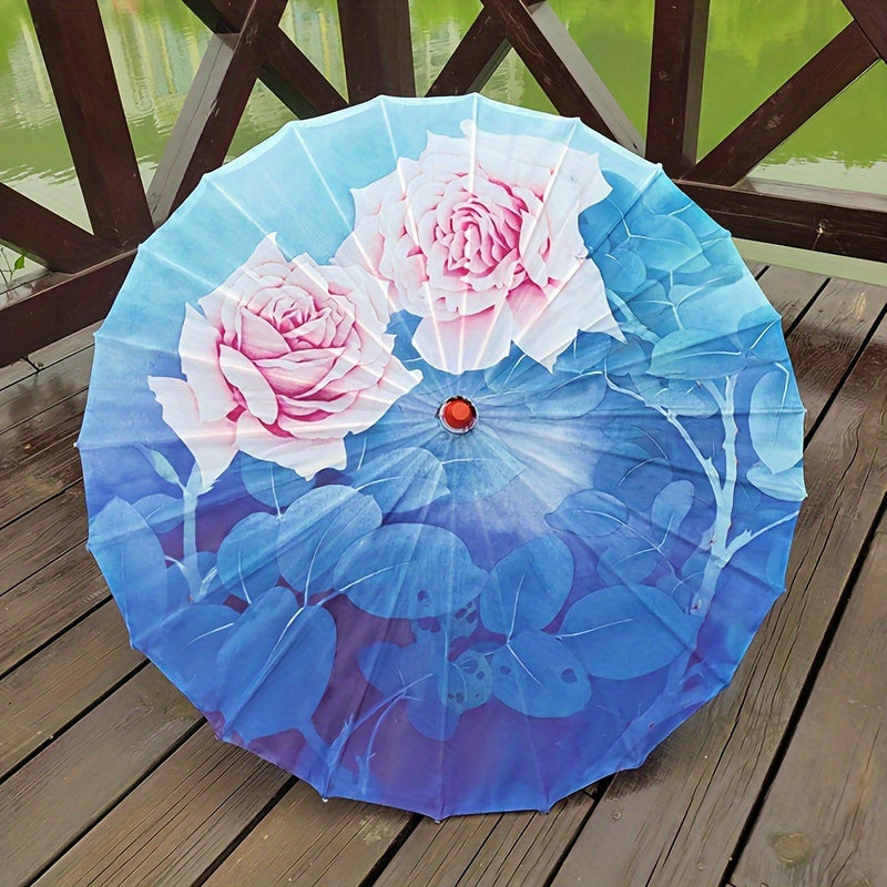 Pink Waterproof Silk Chinese Parasol with Floral and Butterfly Design for Weddings and Outdoor Events