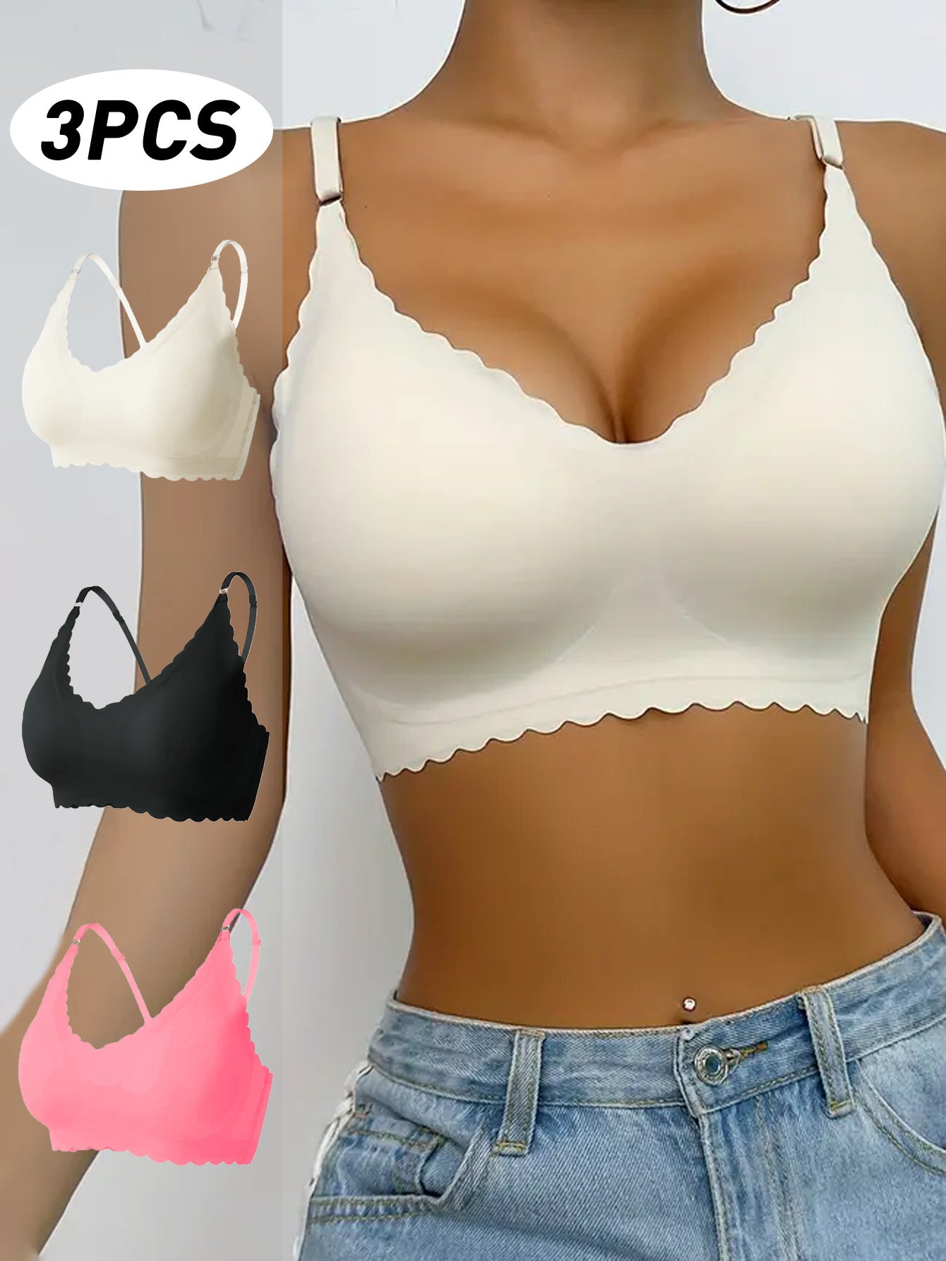 Women’s Seamless Scallop Trim Cami Bras 3-Pack Wireless Push-Up Removable Pads