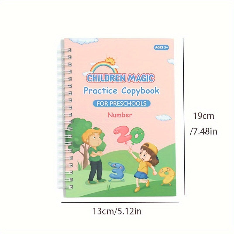 Conjunto de práctica de escritura educativa para niños en edad preescolar, cuaderno encuadernado en espiral con bolígrafo, alfabeto, números y suma