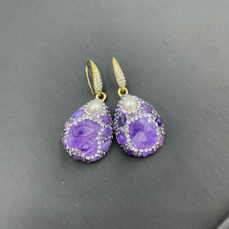 Conjunto de joyería de perla amatista con detalles de rhinestone, collar, pendientes y anillo, regalo