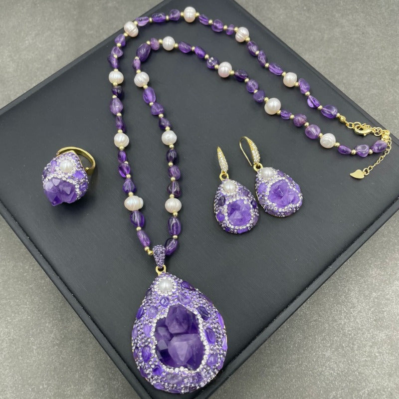 Conjunto de joyería de perla amatista con detalles de rhinestone, collar, pendientes y anillo, regalo
