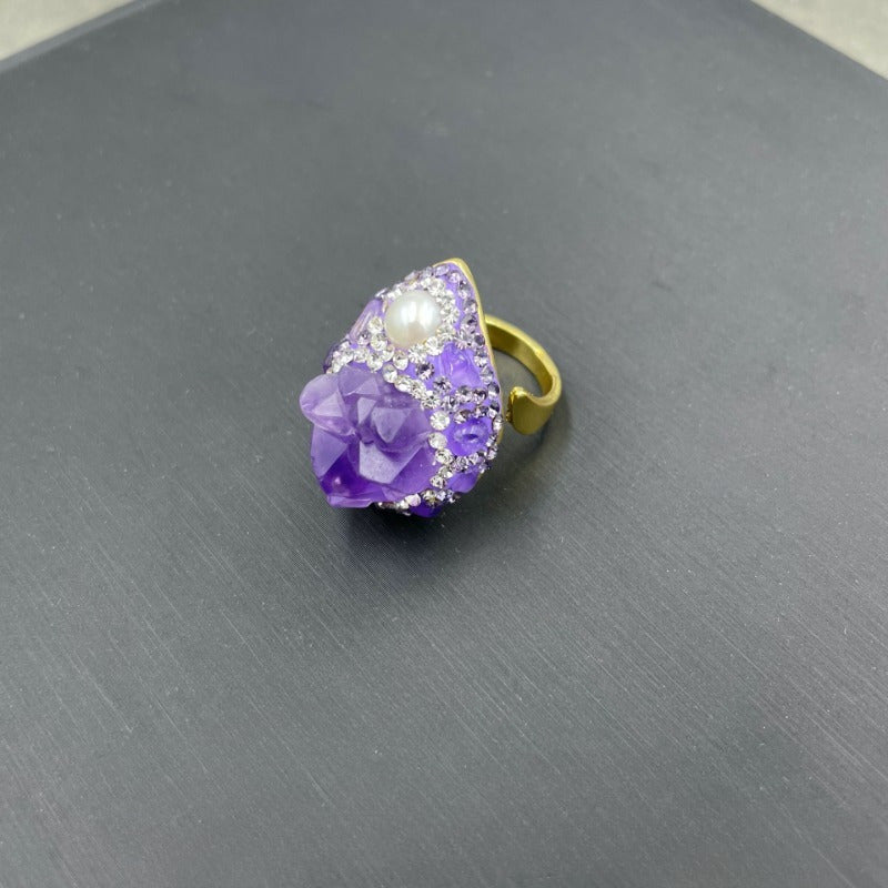 Amethyst Pearl Jewelry Set with Rhinestone Details Necklace Earrings Ring Gift