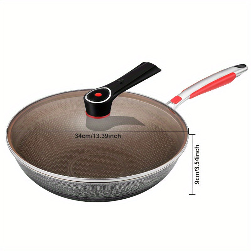 Wok de fondo plano de doble cara de 34cm con recubrimiento antiadherente, acero inoxidable, tapa de vidrio