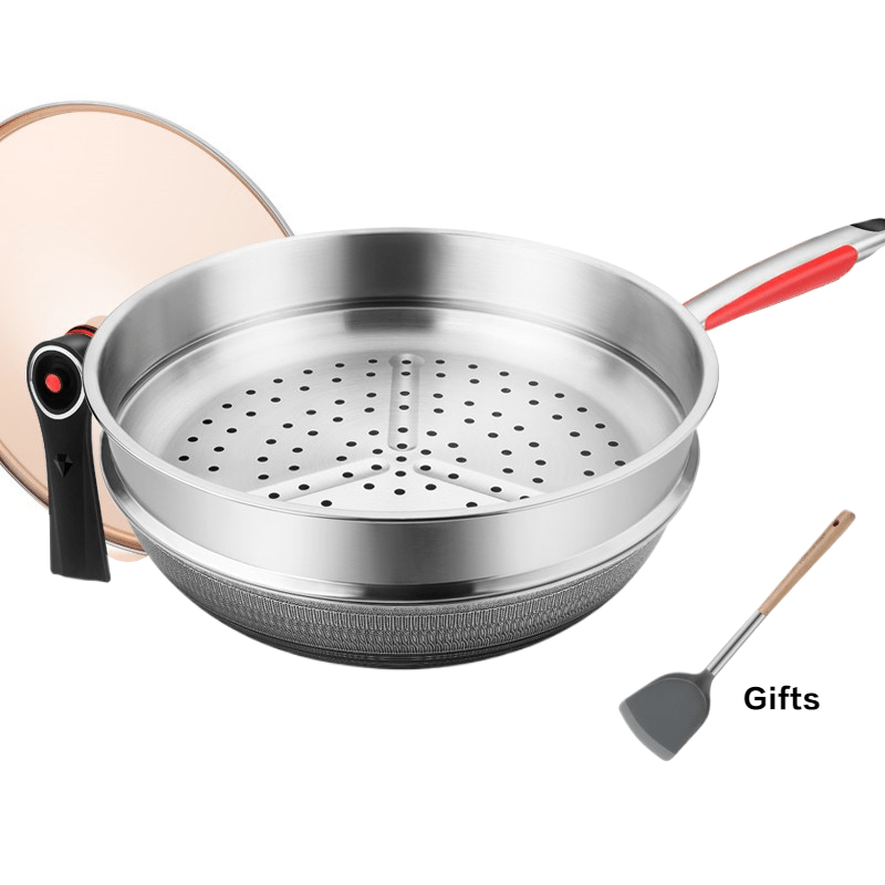 Wok de fondo plano de doble cara de 34cm con recubrimiento antiadherente, acero inoxidable, tapa de vidrio