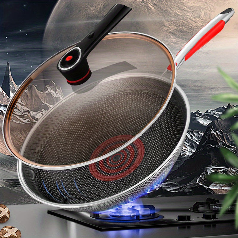 Wok de fondo plano de doble cara de 34cm con recubrimiento antiadherente, acero inoxidable, tapa de vidrio