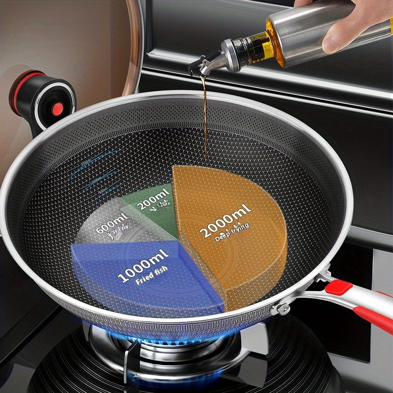 Wok de fondo plano de doble cara de 34cm con recubrimiento antiadherente, acero inoxidable, tapa de vidrio