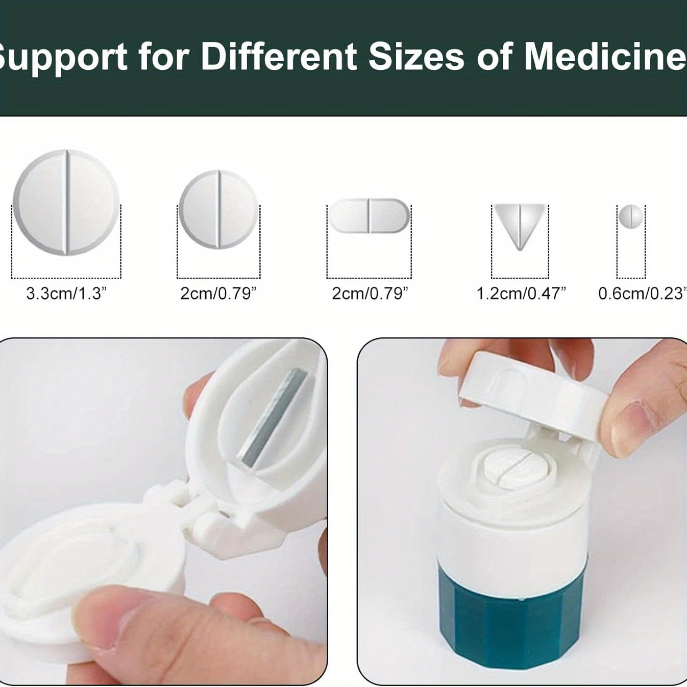 Portable 4-in-1 Pill Cutter and Crusher with Dispenser White Green Compact Multifunctional Tablet Splitter