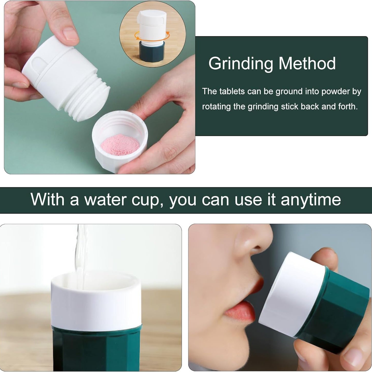 Portable 4-in-1 Pill Cutter and Crusher with Dispenser White Green Compact Multifunctional Tablet Splitter