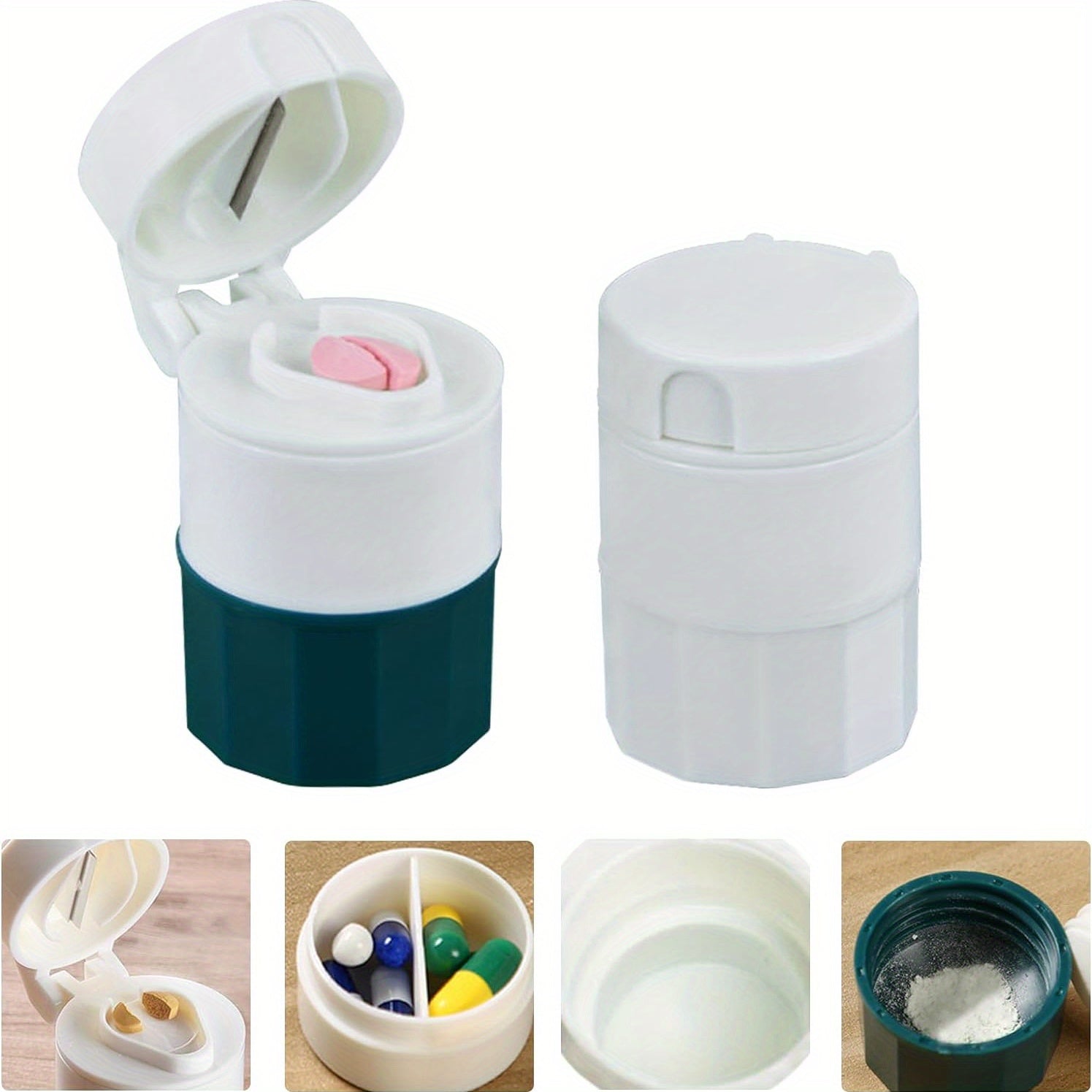 Portable 4-in-1 Pill Cutter and Crusher with Dispenser White Green Compact Multifunctional Tablet Splitter