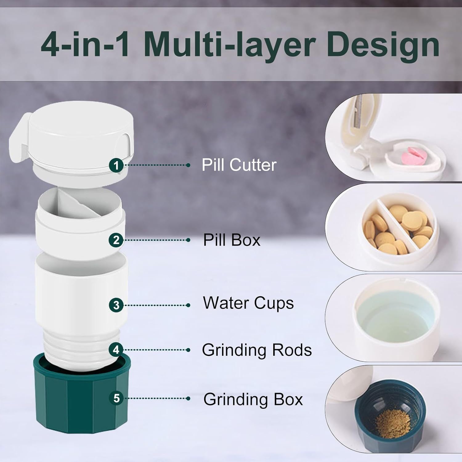 Portable 4-in-1 Pill Cutter and Crusher with Dispenser White Green Compact Multifunctional Tablet Splitter
