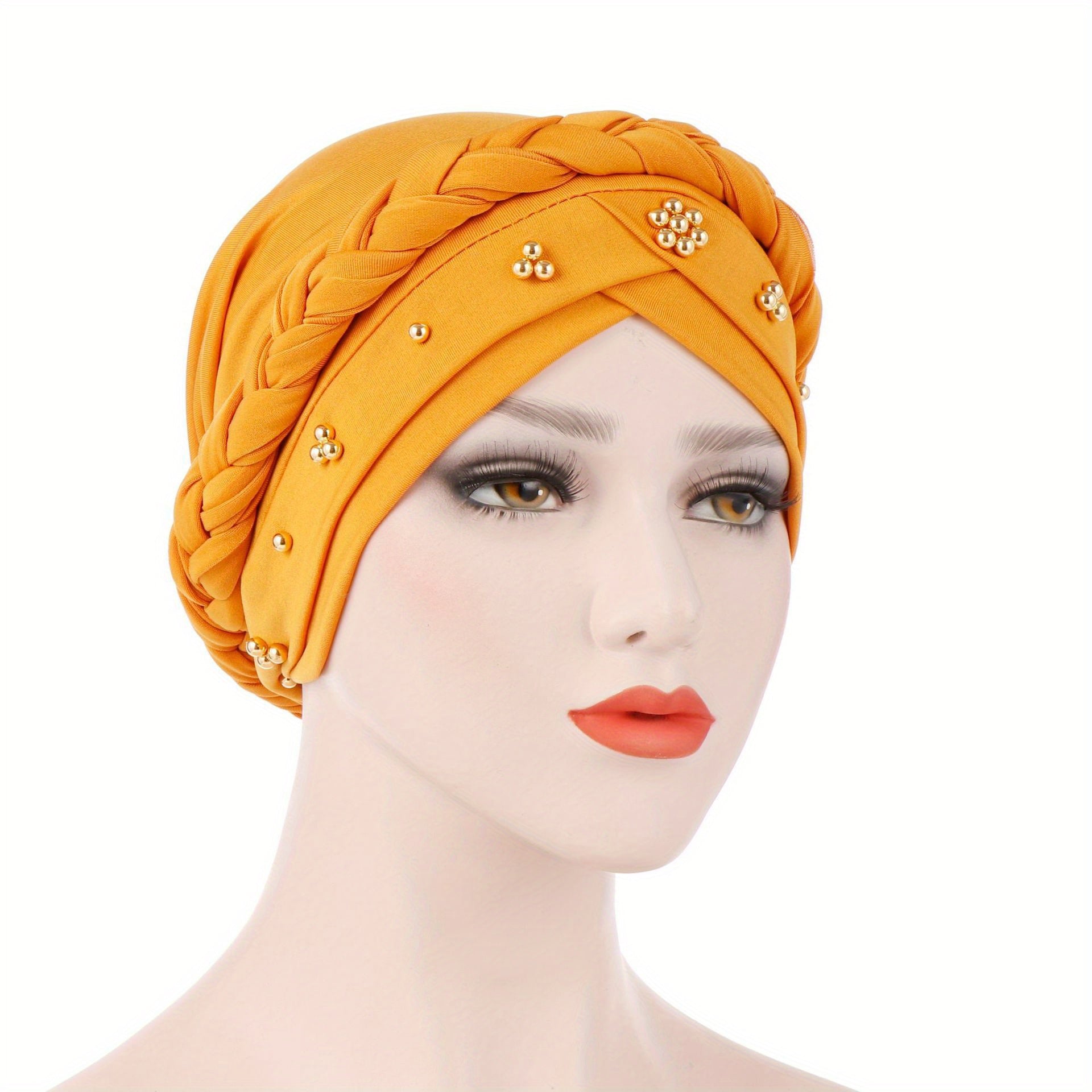 Polyester Muslim Style Headscarf with Braided Hat and Gold Bead Detailing