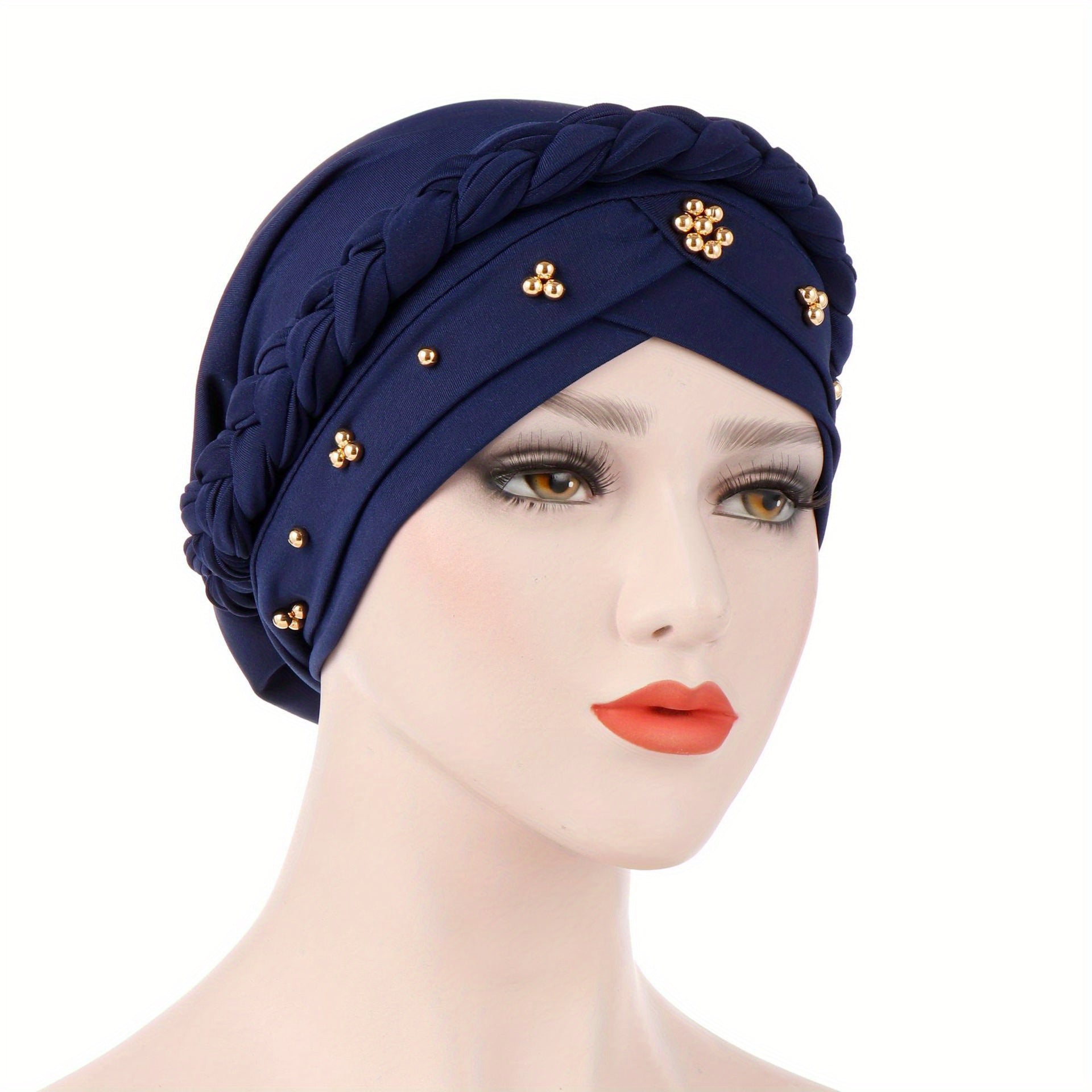 Polyester Muslim Style Headscarf with Braided Hat and Gold Bead Detailing