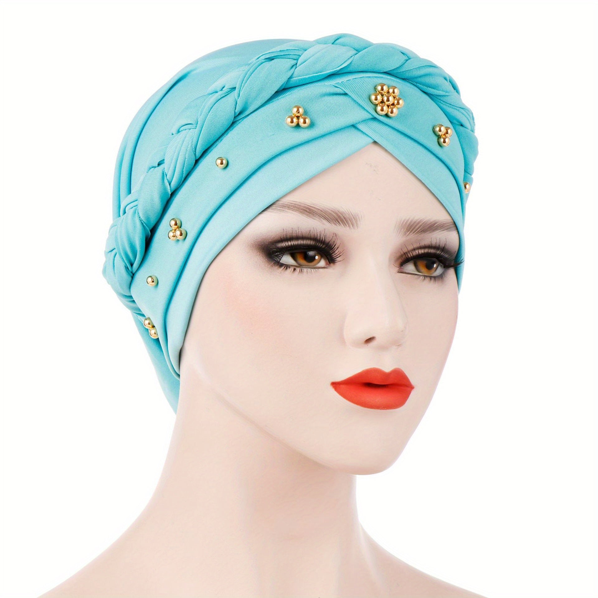 Polyester Muslim Style Headscarf with Braided Hat and Gold Bead Detailing
