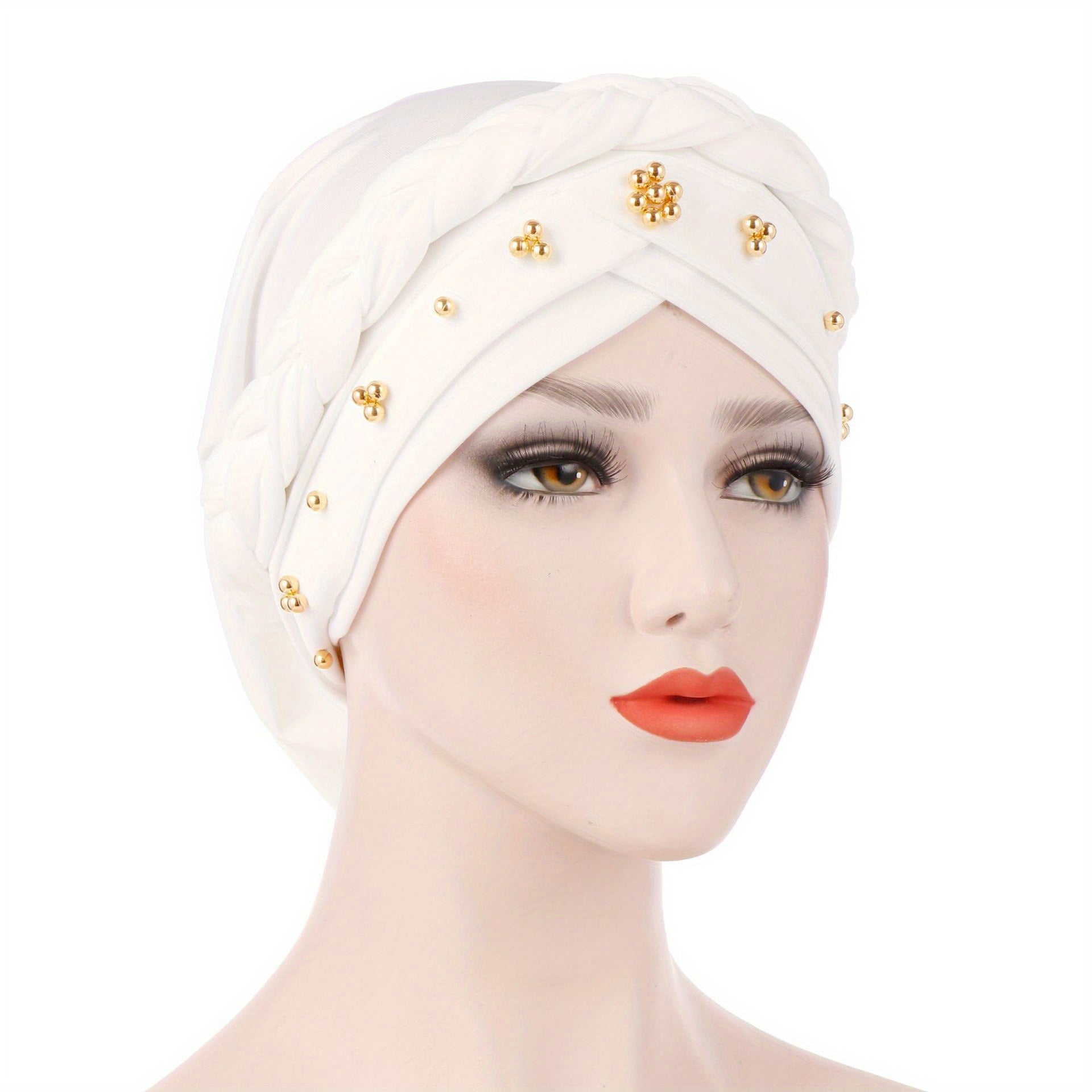 Polyester Muslim Style Headscarf with Braided Hat and Gold Bead Detailing
