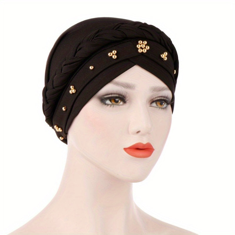 Polyester Muslim Style Headscarf with Braided Hat and Gold Bead Detailing
