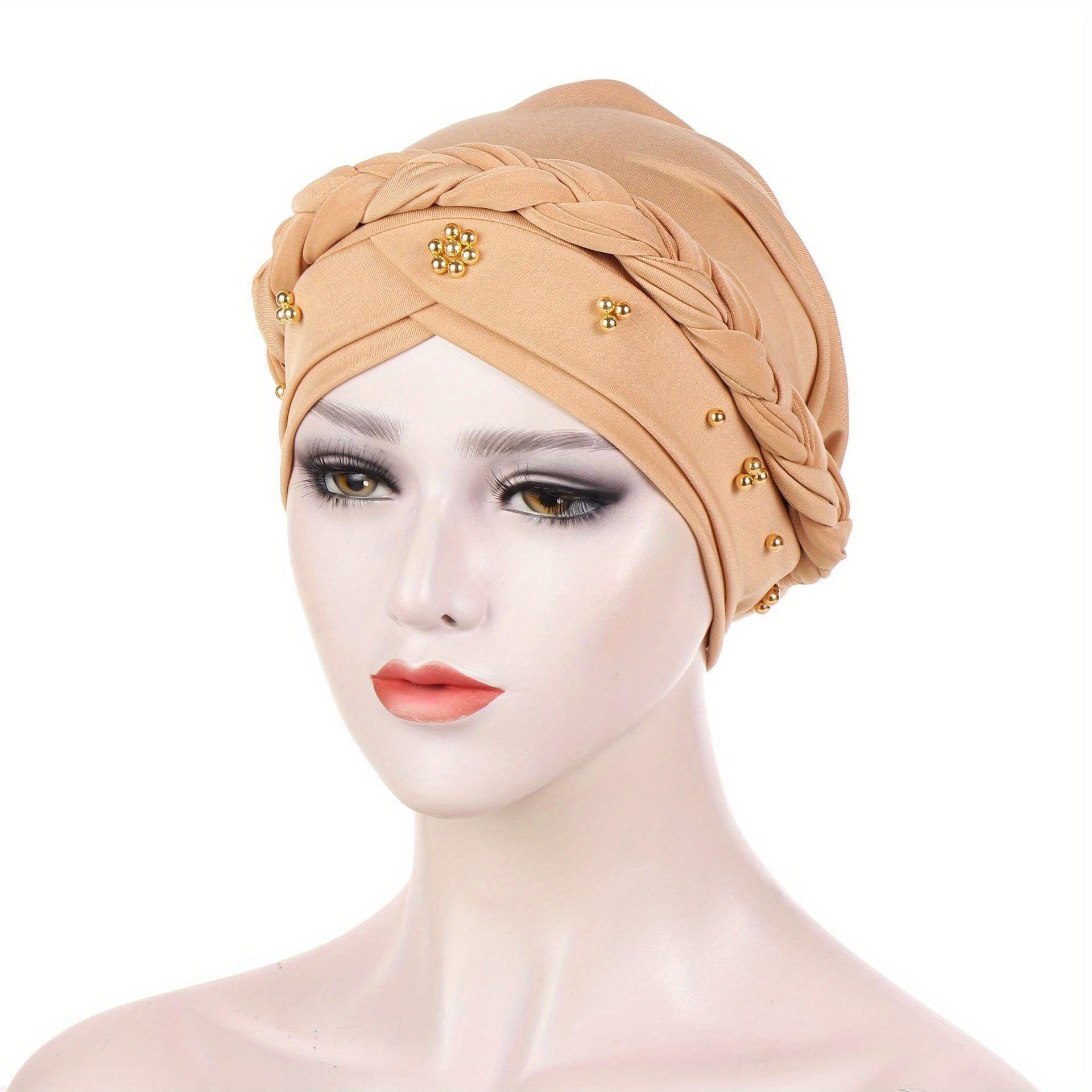 Polyester Muslim Style Headscarf with Braided Hat and Gold Bead Detailing