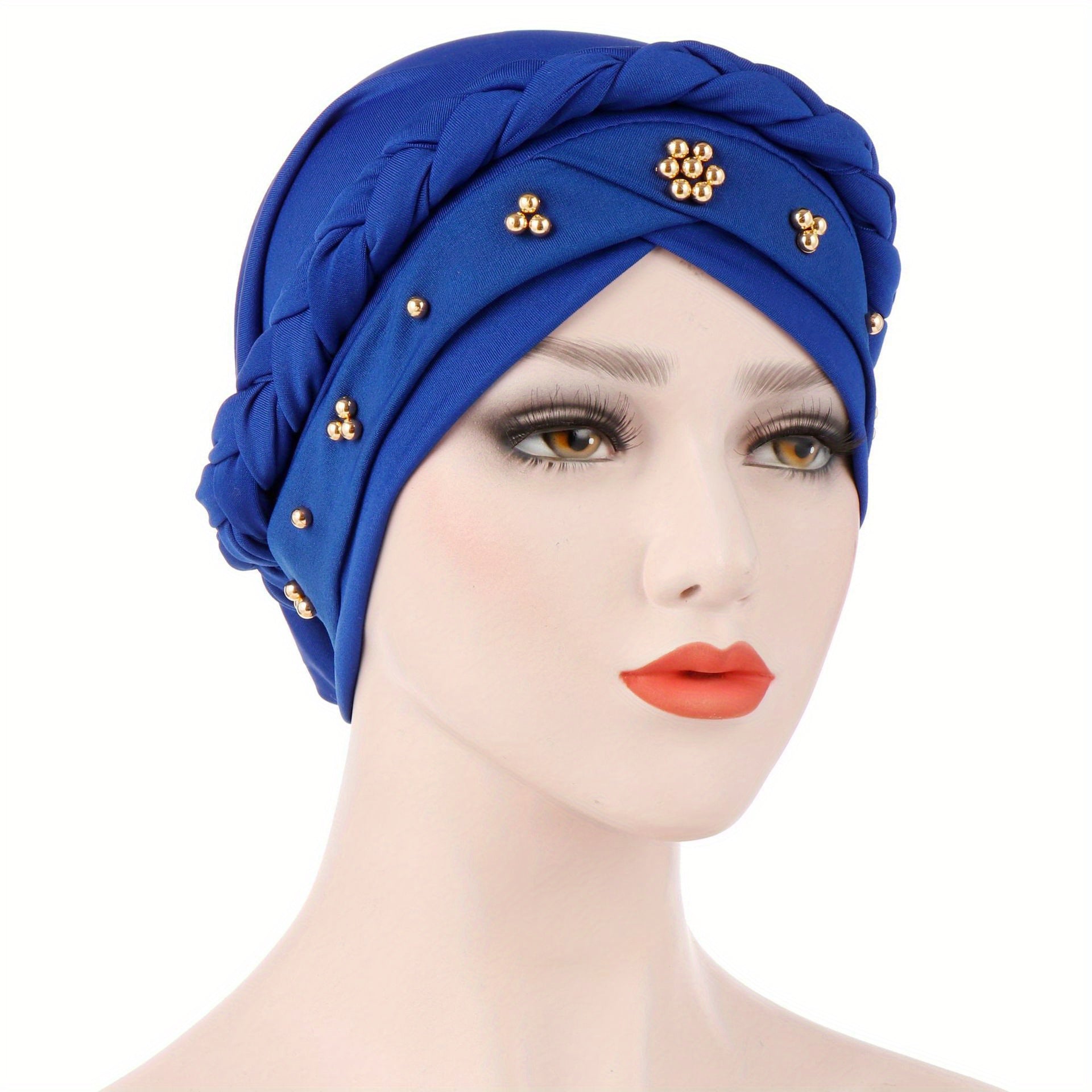 Polyester Muslim Style Headscarf with Braided Hat and Gold Bead Detailing