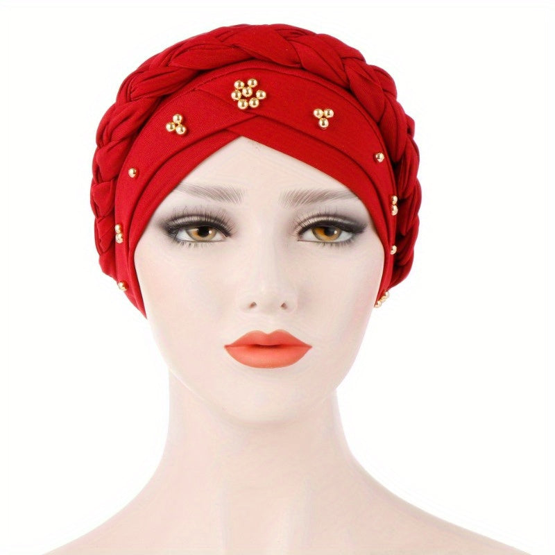 Polyester Muslim Style Headscarf with Braided Hat and Gold Bead Detailing