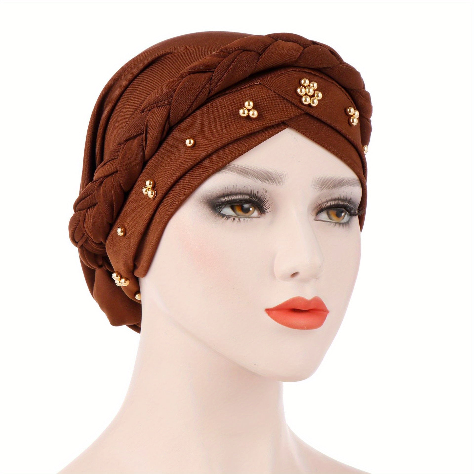 Polyester Muslim Style Headscarf with Braided Hat and Gold Bead Detailing