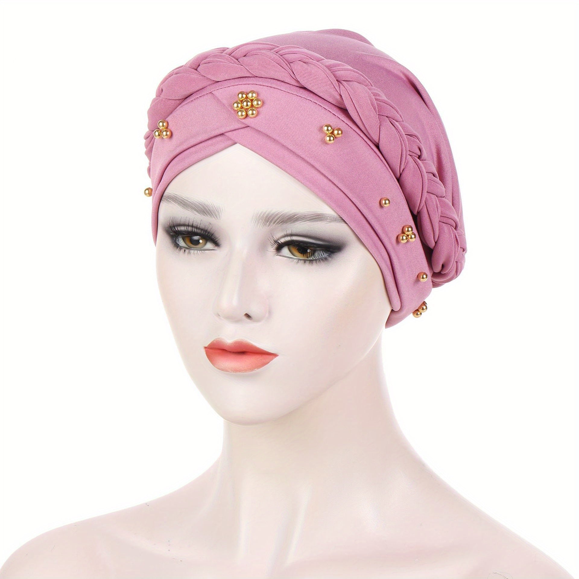 Polyester Muslim Style Headscarf with Braided Hat and Gold Bead Detailing