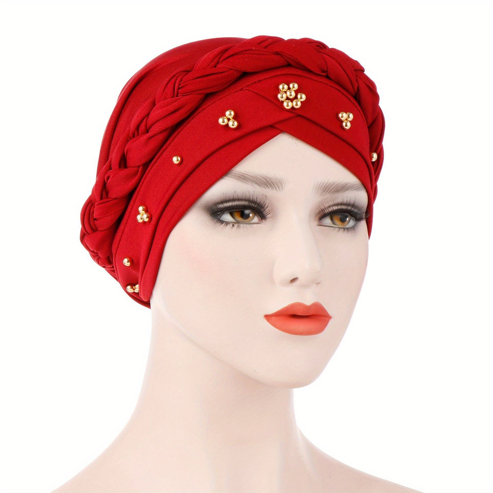 Polyester Muslim Style Headscarf with Braided Hat and Gold Bead Detailing