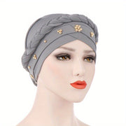 Polyester Muslim Style Headscarf with Braided Hat and Gold Bead Detailing