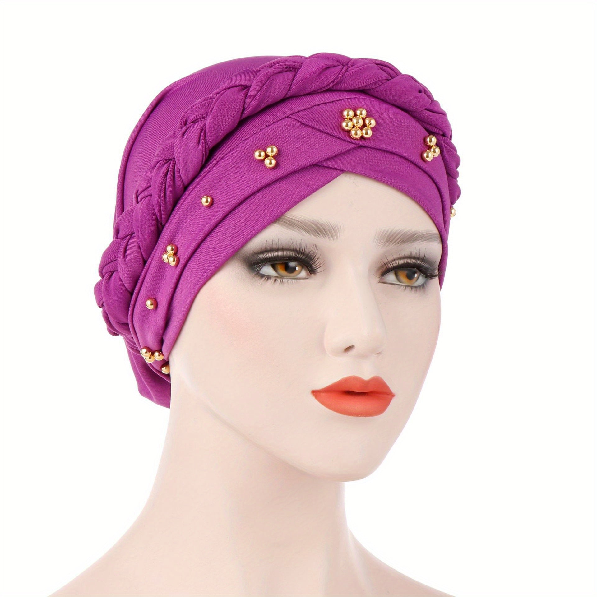 Polyester Muslim Style Headscarf with Braided Hat and Gold Bead Detailing