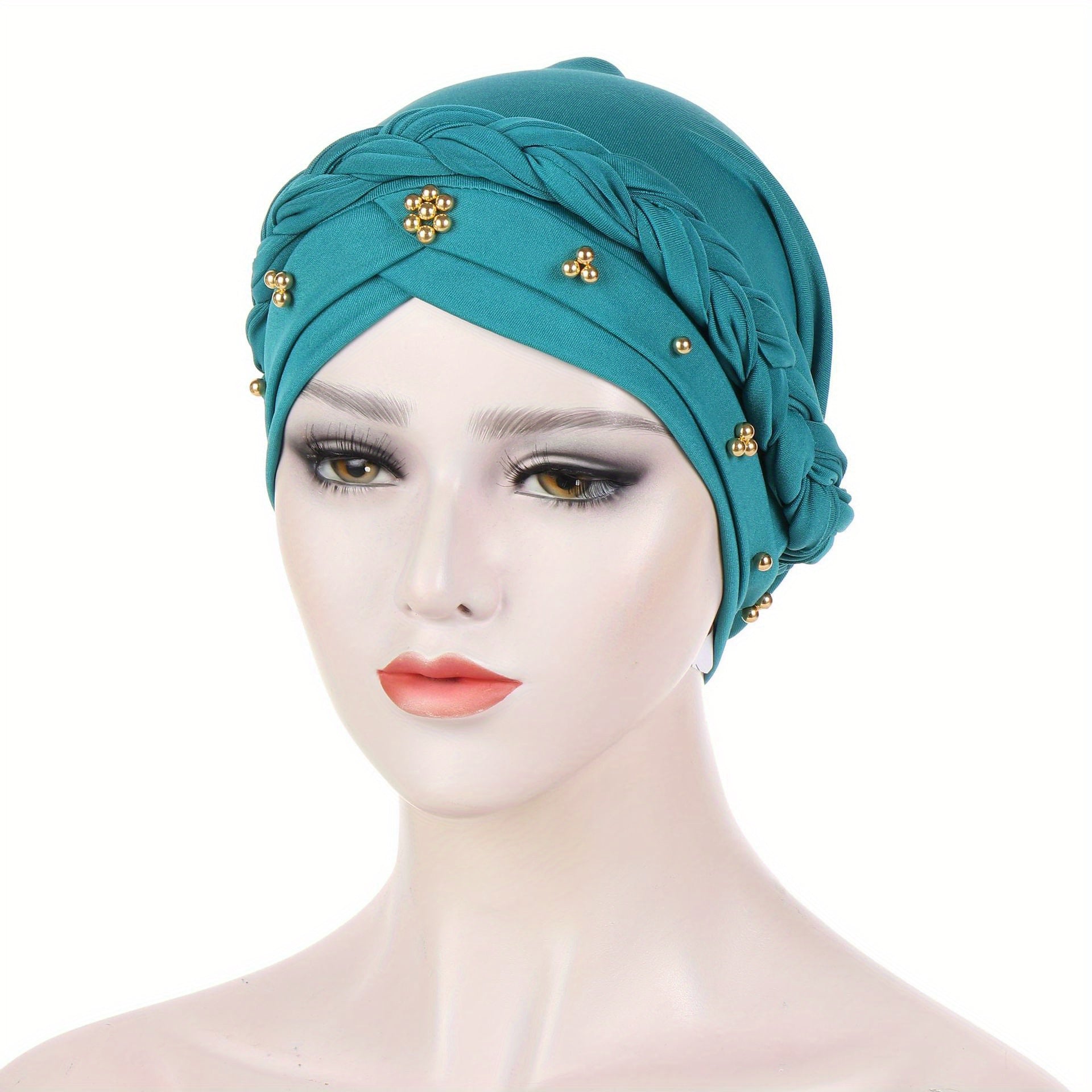 Polyester Muslim Style Headscarf with Braided Hat and Gold Bead Detailing