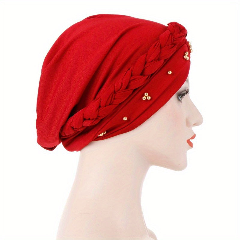 Polyester Muslim Style Headscarf with Braided Hat and Gold Bead Detailing