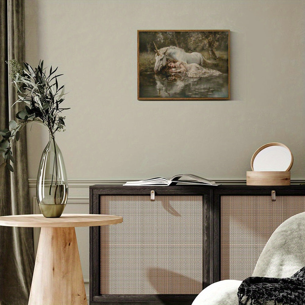 Arte de pared en lienzo sin marco de unicornio mujer con estado de ánimo vintage cuento de hadas oscuro academia rústica decoración fantástica y caprichosa